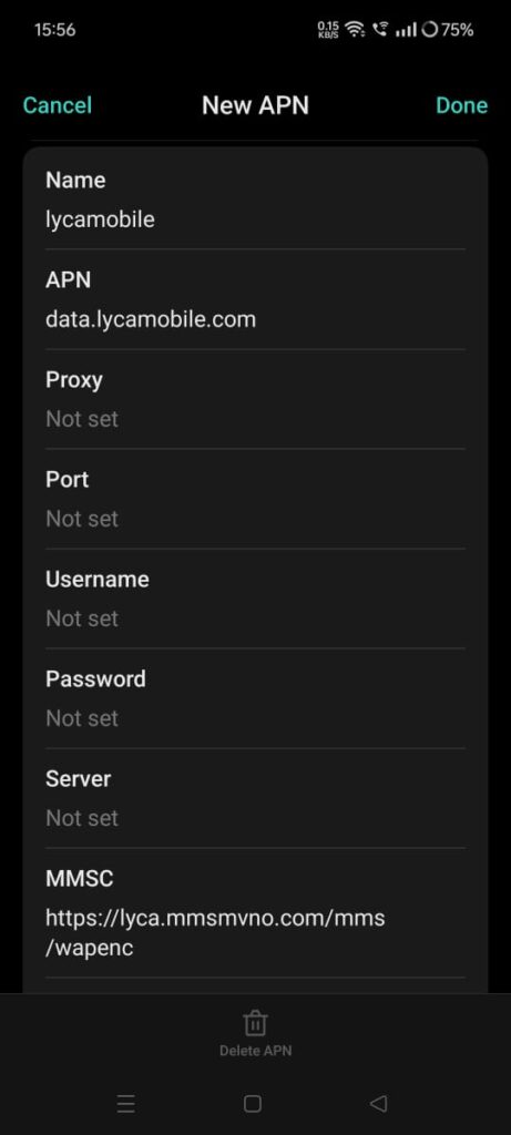 Lycamobile APN Settings